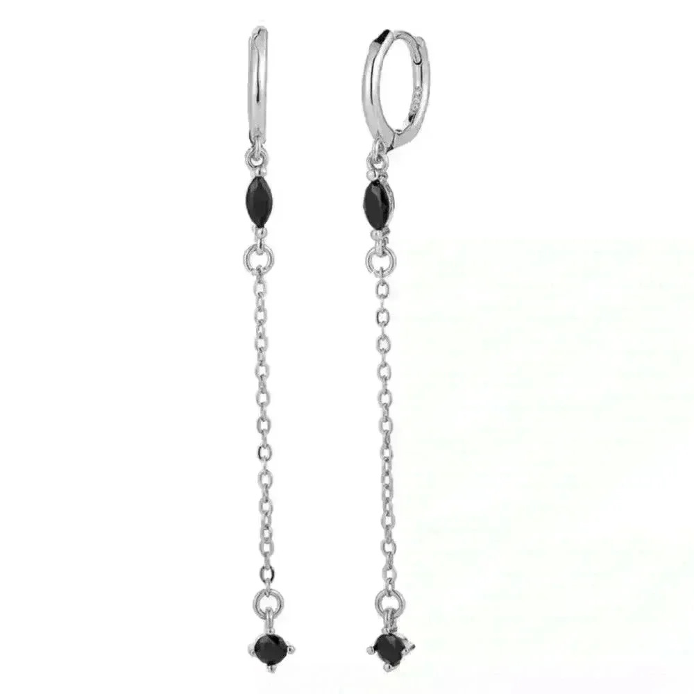 Silver Long Dangle Tassel Huggie Hoop Earrings